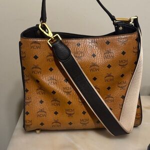 MCM Cognac and Black Shoulder Bag sm minor cracking in small section on mid top